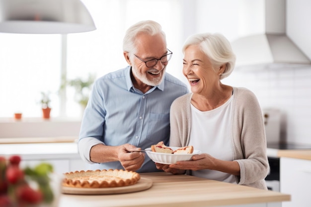 Una pareja de adultos casados caucásicos horneando en la cocina.