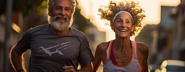 Foto una pareja de adultos corriendo por la calle sunset.