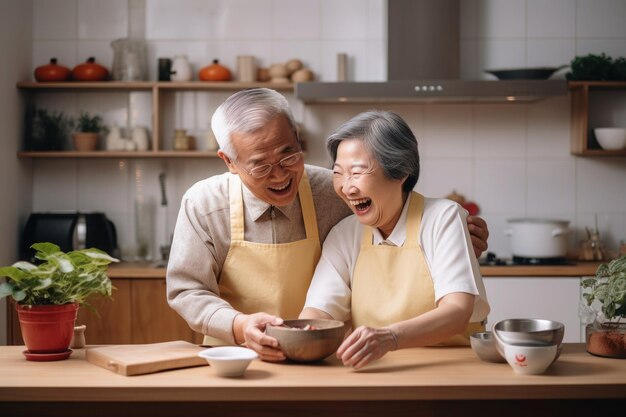 Una pareja de adultos mayores casados asiáticos horneando en la cocina.