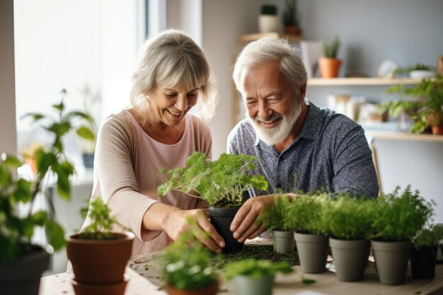 Una pareja de adultos mayores casados caucásicos plantando hierbas en la sala de estar.