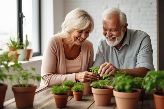 Una pareja de adultos mayores casados caucásicos plantando hierbas en la sala de estar.