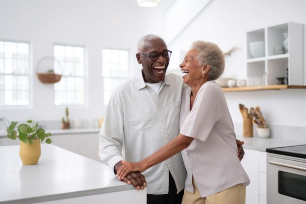 Una pareja de adultos mayores casados de múltiples razas africanas bailando en la cocina.