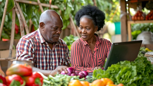 Una pareja africana feliz en una tienda de verduras y frutas.