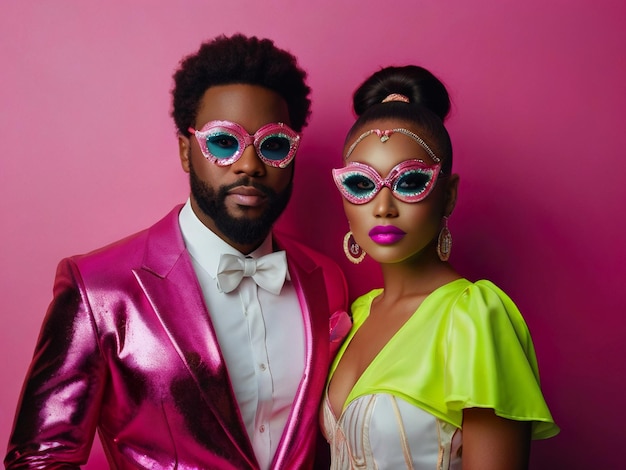 Una pareja africana con gafas de sol y una chaqueta rosa con un labio rosa