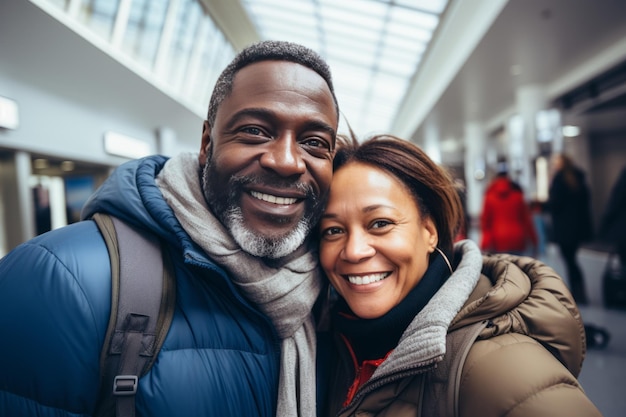 Una pareja afro adulta en el aeropuerto se toma una selfie antes de la salida de la anticipación del vuelo