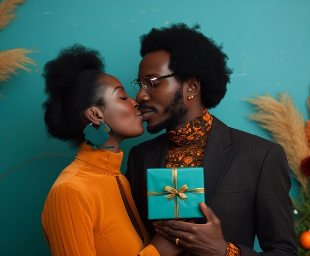 Una pareja afroamericana besándose con un regalo en las manos.
