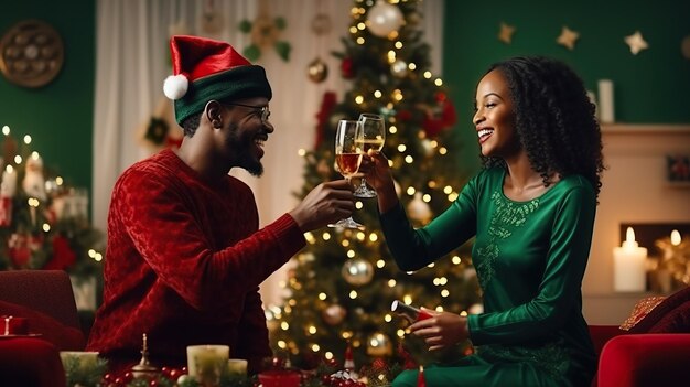 Foto una pareja afroamericana de hombres y mujeres tintinean vasos en el salón navidad