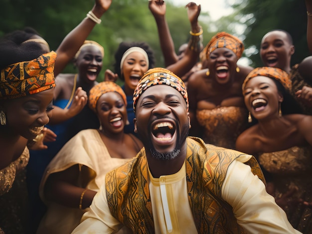 Una pareja afroamericana con ropa tradicional y pañuelo en la cabeza riendo juntos