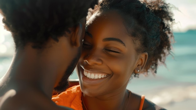 Una pareja afroamericana sonriente abrazándose en la playa.