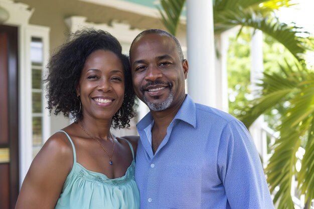 Una pareja afroamericana sonriente de cuarenta años frente a su nueva casa Concepto de alquiler o hipoteca