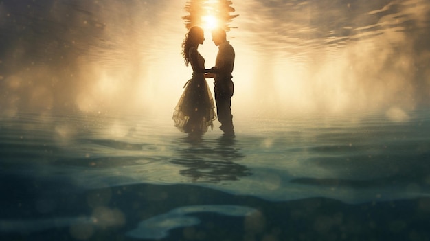 Una pareja en el agua con el sol detrás de ellos.