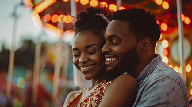 Una pareja alegre abrazándose en un carnaval festivo momentos felices juntos estilo de vida y concepto de amor diversión al aire libre casual AI