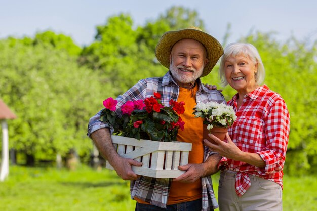 Pareja alegre. Anciano alegre marido y mujer sonriendo ampliamente de pie con macetas