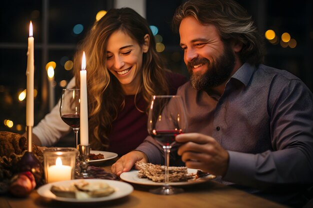 Foto pareja alegre brindando en la cena de hanukkah