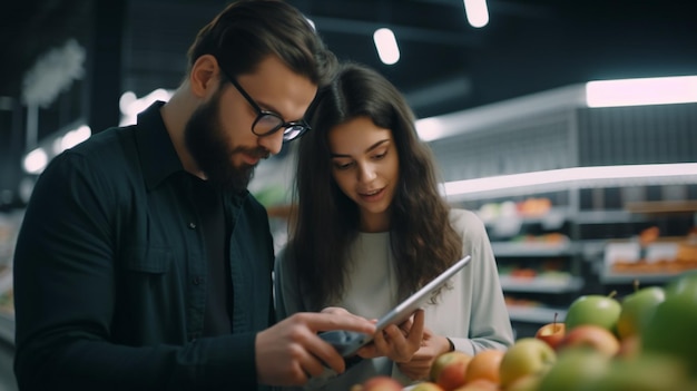 Una pareja alegre comprando en un supermercado comparando listas de compras por teléfono usando IA generativa