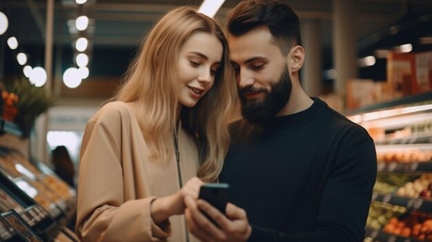 Una pareja alegre comprando en un supermercado comparando listas de compras por teléfono usando IA generativa