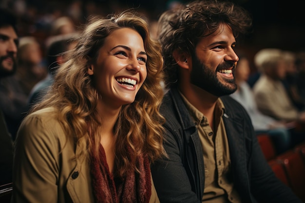 Una pareja alegre disfrutando de una actuación en vivo en la vibrante atmósfera de una sala de conciertos