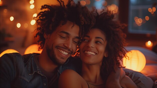 Una pareja alegre disfrutando de una noche íntima en el interior