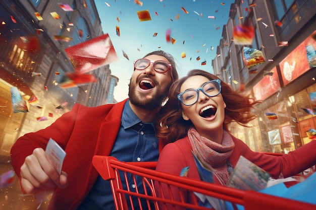 Una pareja alegre disfrutando de su juerga de compras