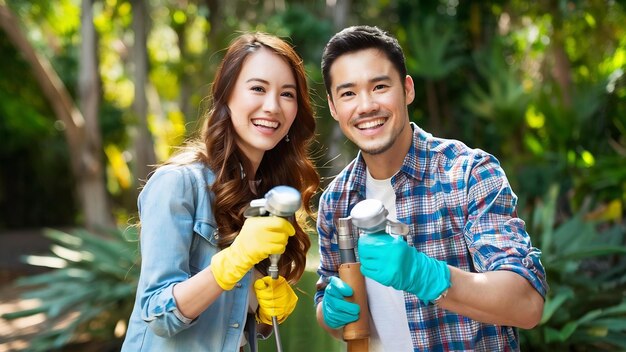 Foto una pareja alegre con guantes y rociador.