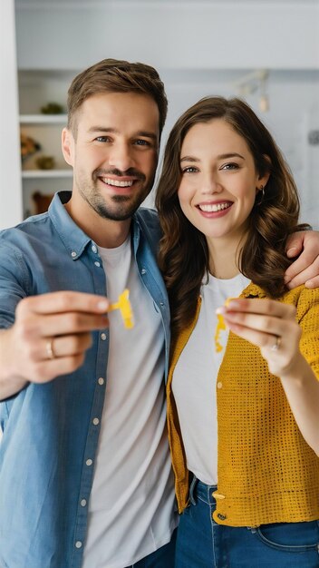 Una pareja alegre con las llaves de su nueva casa.