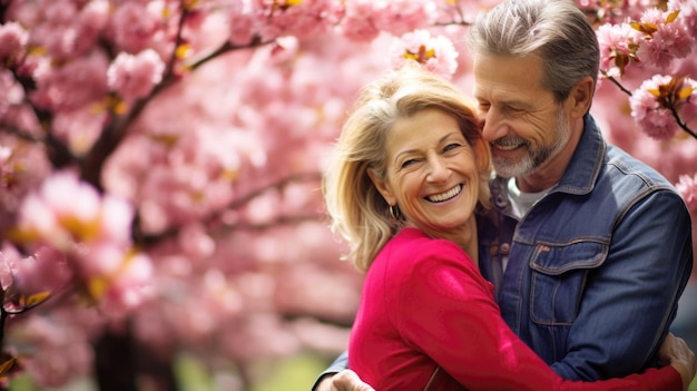 Una pareja alegre de mediana edad rodeada de flores rosadas de primavera compartiendo un momento