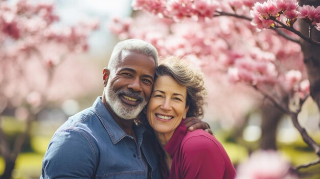 Una pareja alegre de mediana edad rodeada de flores rosadas de primavera compartiendo un momento