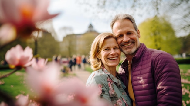 Una pareja alegre de mediana edad rodeada de flores rosadas de primavera compartiendo un momento