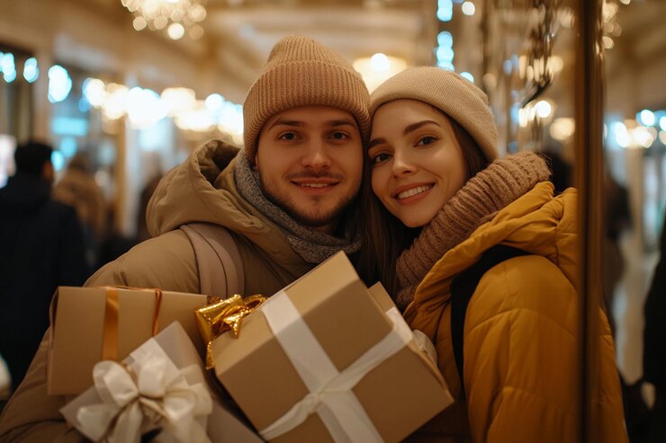 Una pareja alegre sostiene regalos en una zona comercial festiva durante la temporada de vacaciones AI generativa