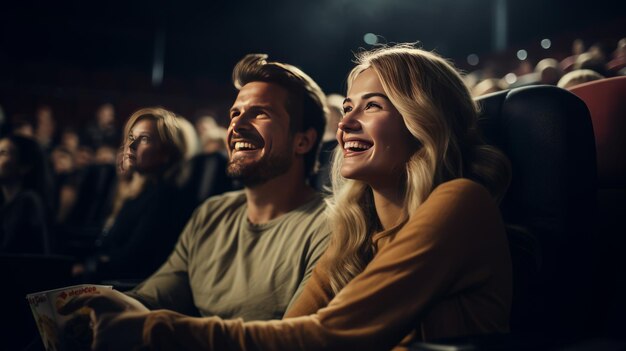 Foto una pareja alegre con su familia viendo un cine con el fondo de la audiencia borroso