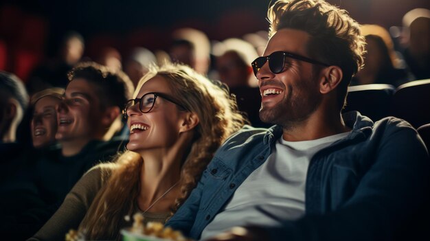 Una pareja alegre con su familia viendo un cine con el fondo de la audiencia borroso