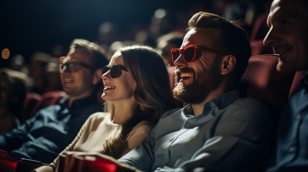 Foto una pareja alegre con su familia viendo un cine con el fondo de la audiencia borroso