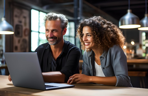 Una pareja alegre usando una computadora portátil por la noche en una cafetería