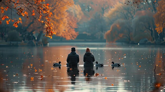 Foto una pareja alimenta a los patos en el parque fondo de color sólido 4k ultra hd