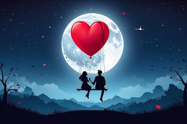 Una pareja de amantes de dibujos animados está sentada en un columpio de globo de corazón rojo en el fondo del cielo de luna llena.