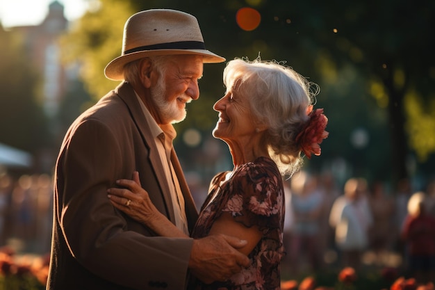 Una pareja de amantes felices en el parque de la ciudad en verano.