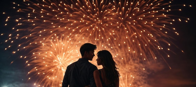 Una pareja de amantes con un fondo de fuegos artificiales nocturnos