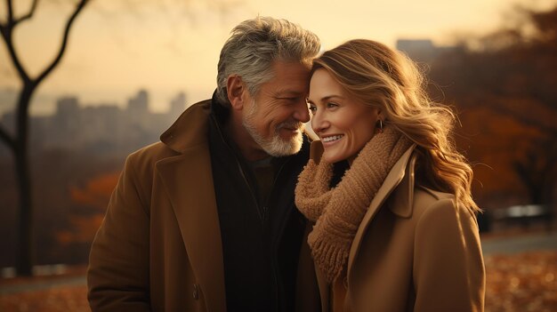 Una pareja de amantes de mediana edad caminando afuera en un parque estilo de vida saludable generado por la IA