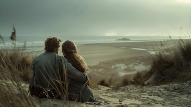 Foto una pareja de amantes sentados en la orilla de la mar por la noche