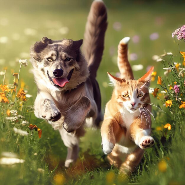 Una pareja de amigos un gato y un perro corren alegremente a través de un prado de verano en flor