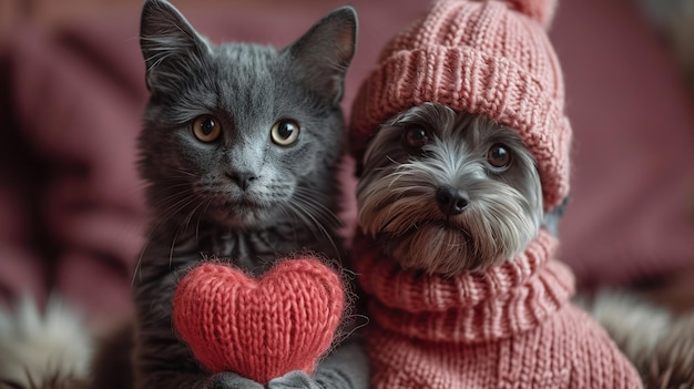 pareja de amigos un gato a rayas y un cachorro de perro están acostados con corazones rojos de punto