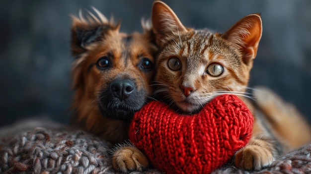 pareja de amigos un gato a rayas y un cachorro de perro están acostados con corazones rojos de punto