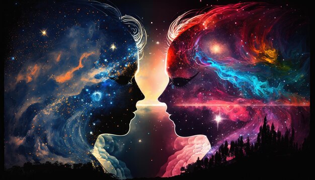 Pareja de amor encabeza siluetas coloridas en el cielo nocturno con hermosas estrellas de galaxias sincero amor verdadero