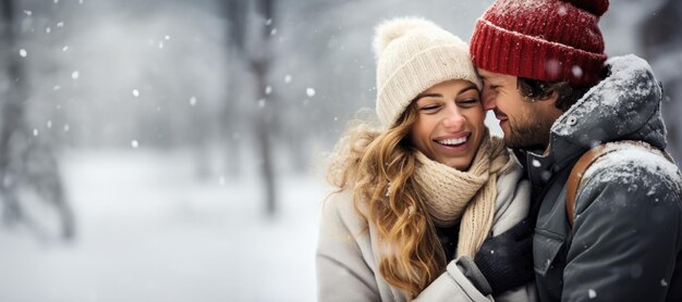 Una pareja de amor feliz en invierno