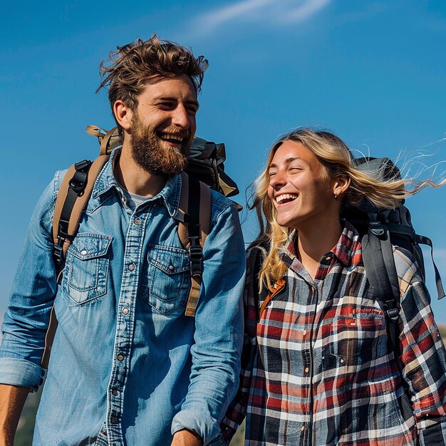 Una pareja amorosa de diferentes etnias abrazando el gran aire libre alegremente caminando hacia arriba