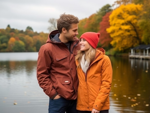 Foto una pareja amorosa disfruta de un romántico día de otoño