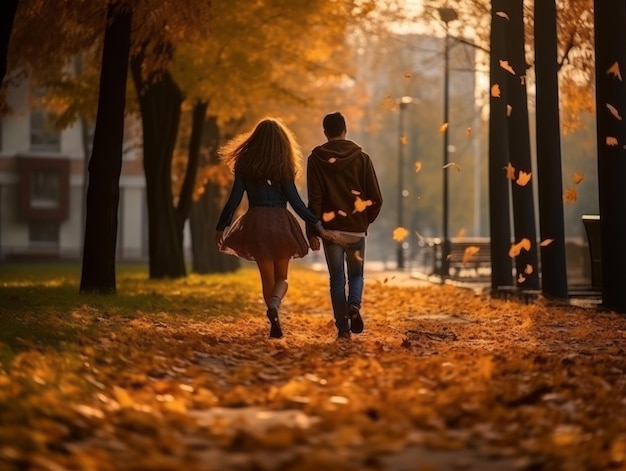 Foto una pareja amorosa disfruta de un romántico día de otoño