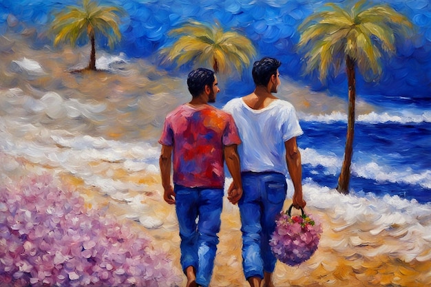 pareja amorosa gay caminando con la mano en la playa ilustración romántica abierta de raza mixta