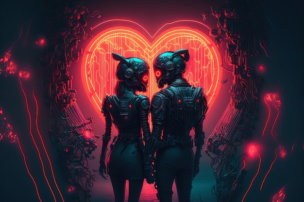 Pareja amorosa de hombre y mujer en traje Cyberpunk disfruta del amor del día de San Valentín