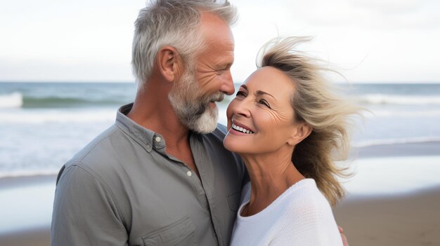 Una pareja amorosa de mediana edad se mira a los ojos con una conexión profundizada por años de experiencias compartidas.